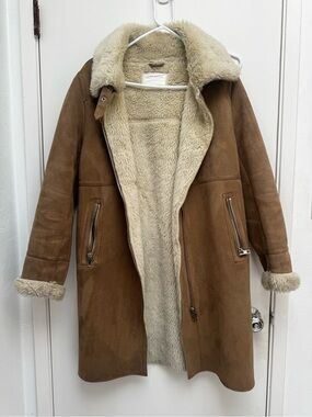 Zara Brown Suede Shearling Coat with Cream Faux-Fur Lining